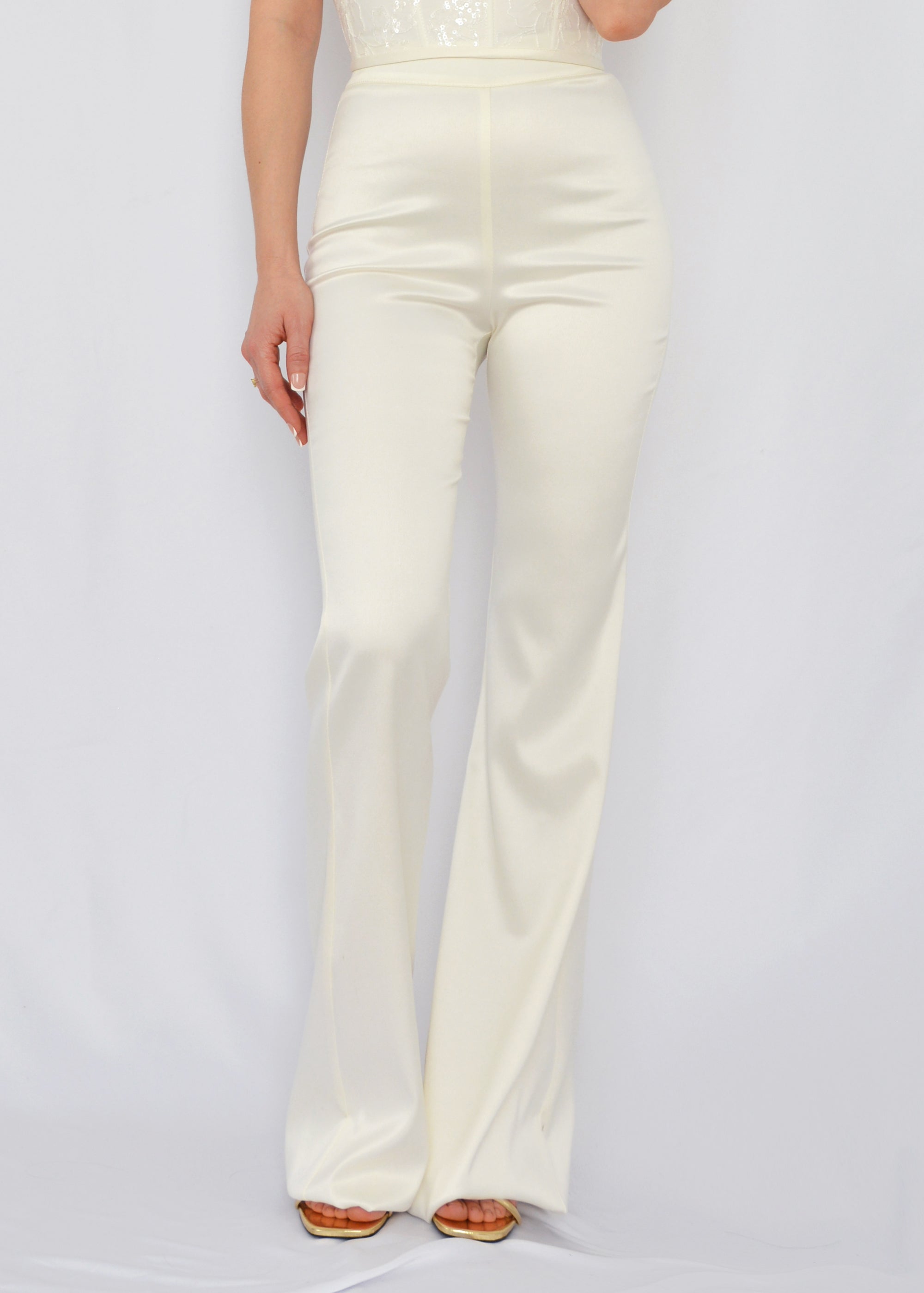 FLARED SATINATED LONG IVORY TROUSERS