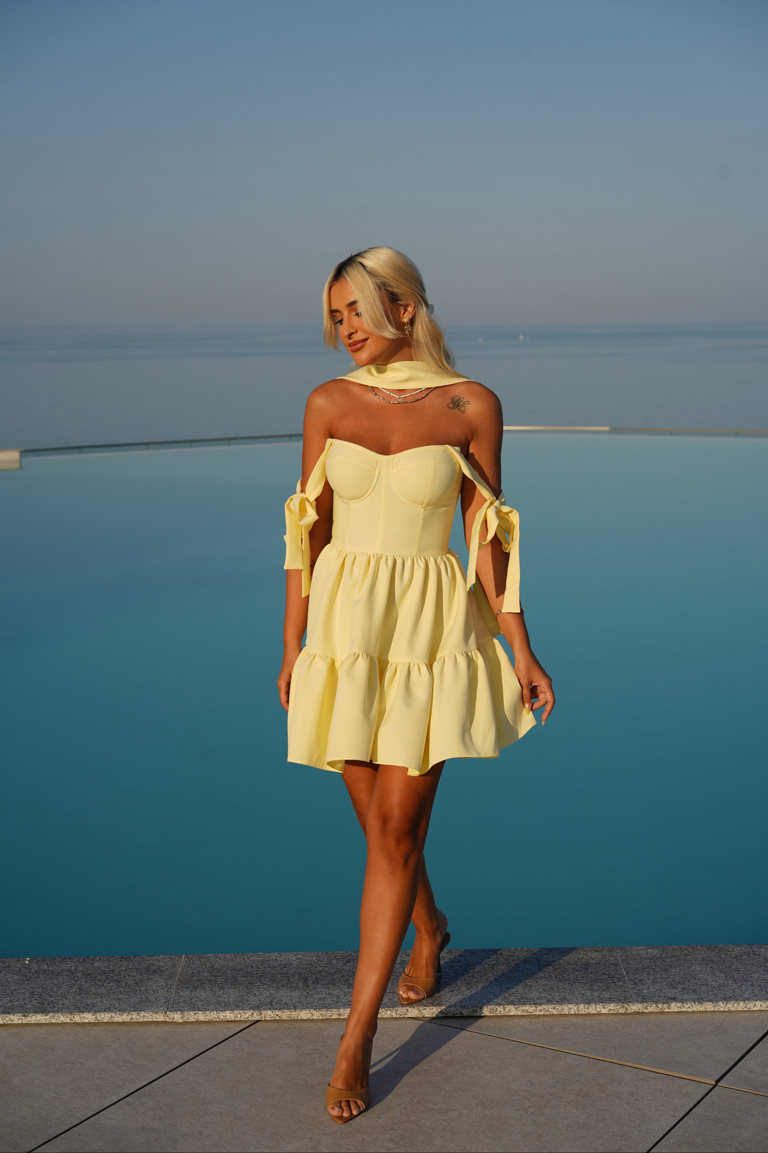 JOY BUTTER YELLOW MINI DRESS WITH SCARF