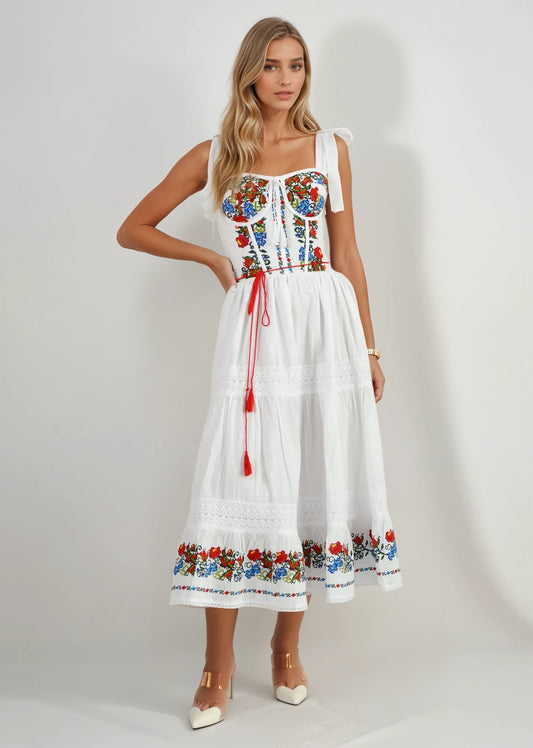 RED AND BLUE TRADITIONAL MIDI DRESS