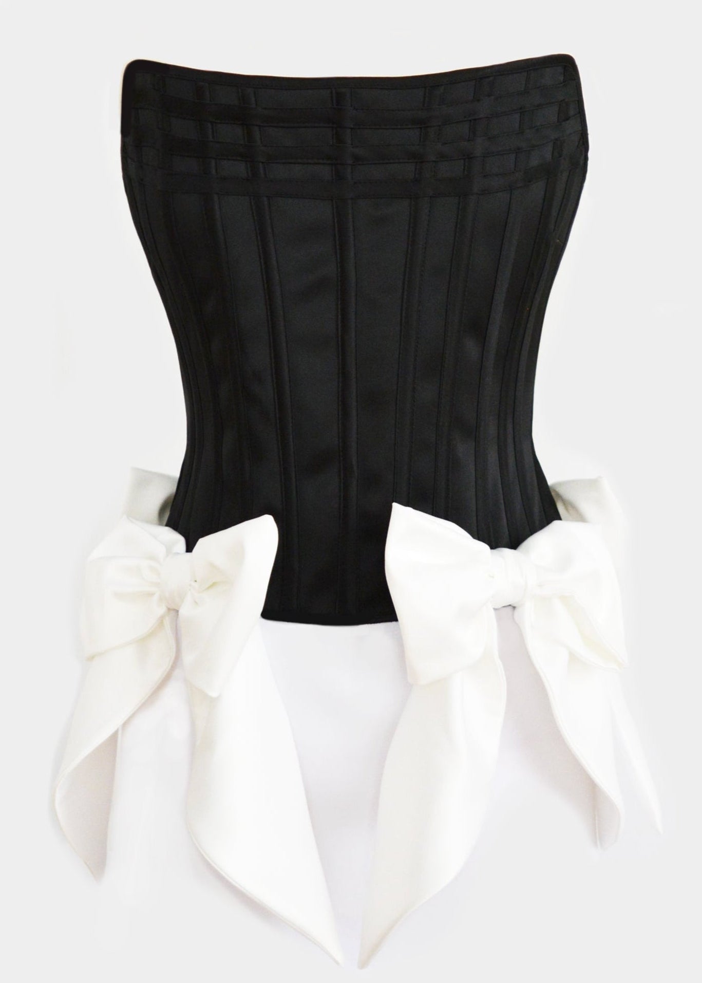 BLACK SATINATED CORSET TOP WITH WHITE BOWS