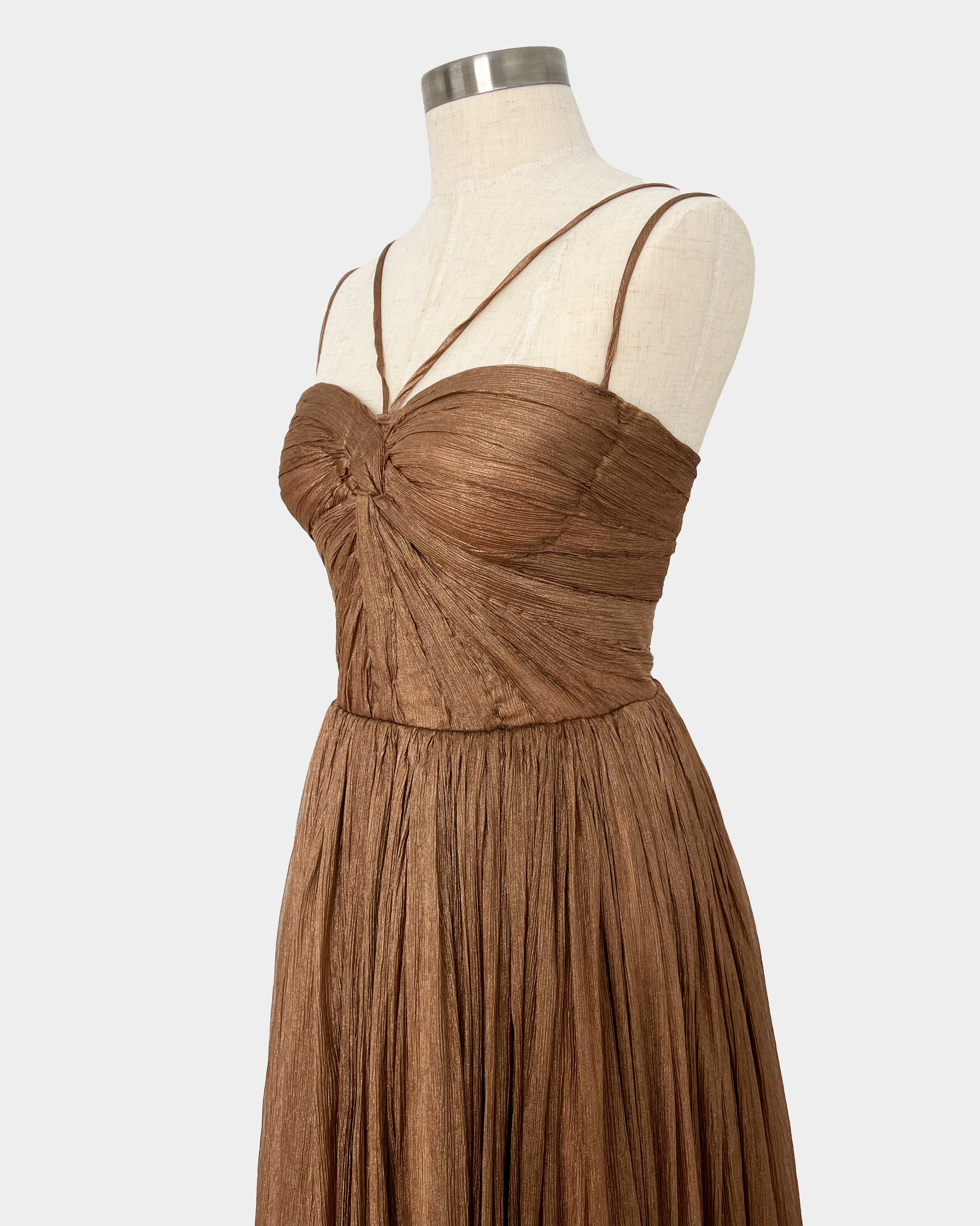 PLEATED SILK CINNAMON MIDI DRESS