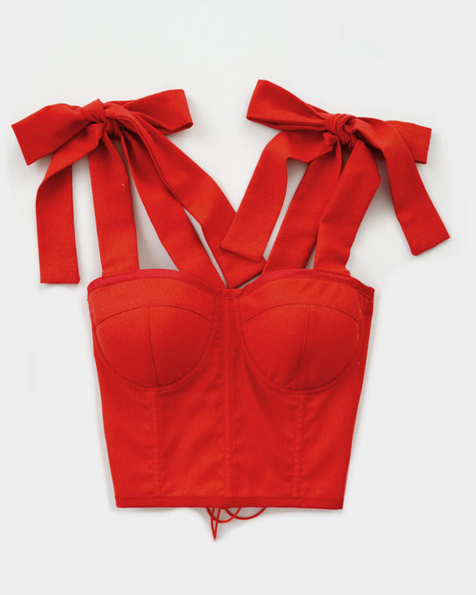 POPPY RED LINEN WITH A BOW CORSET