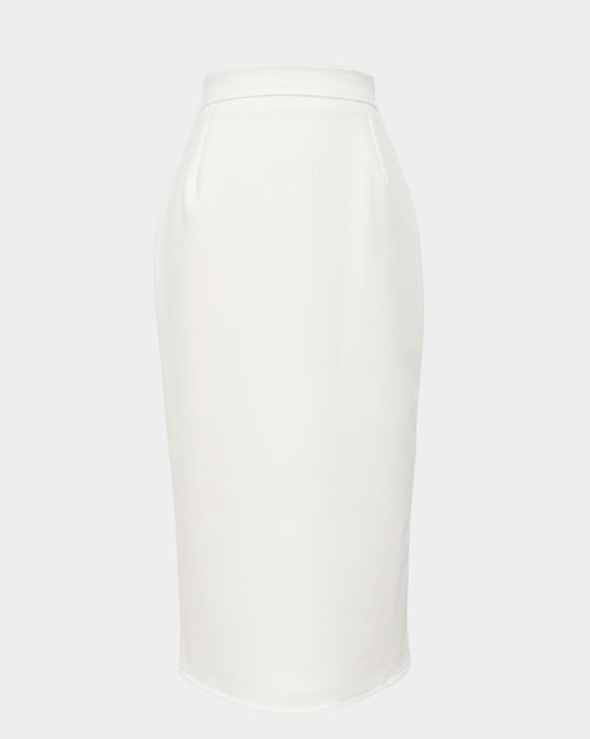 A WOMAN WITH A  WHITE MIDI SKIRT