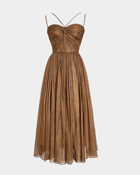 PLEATED SILK CINNAMON MIDI DRESS