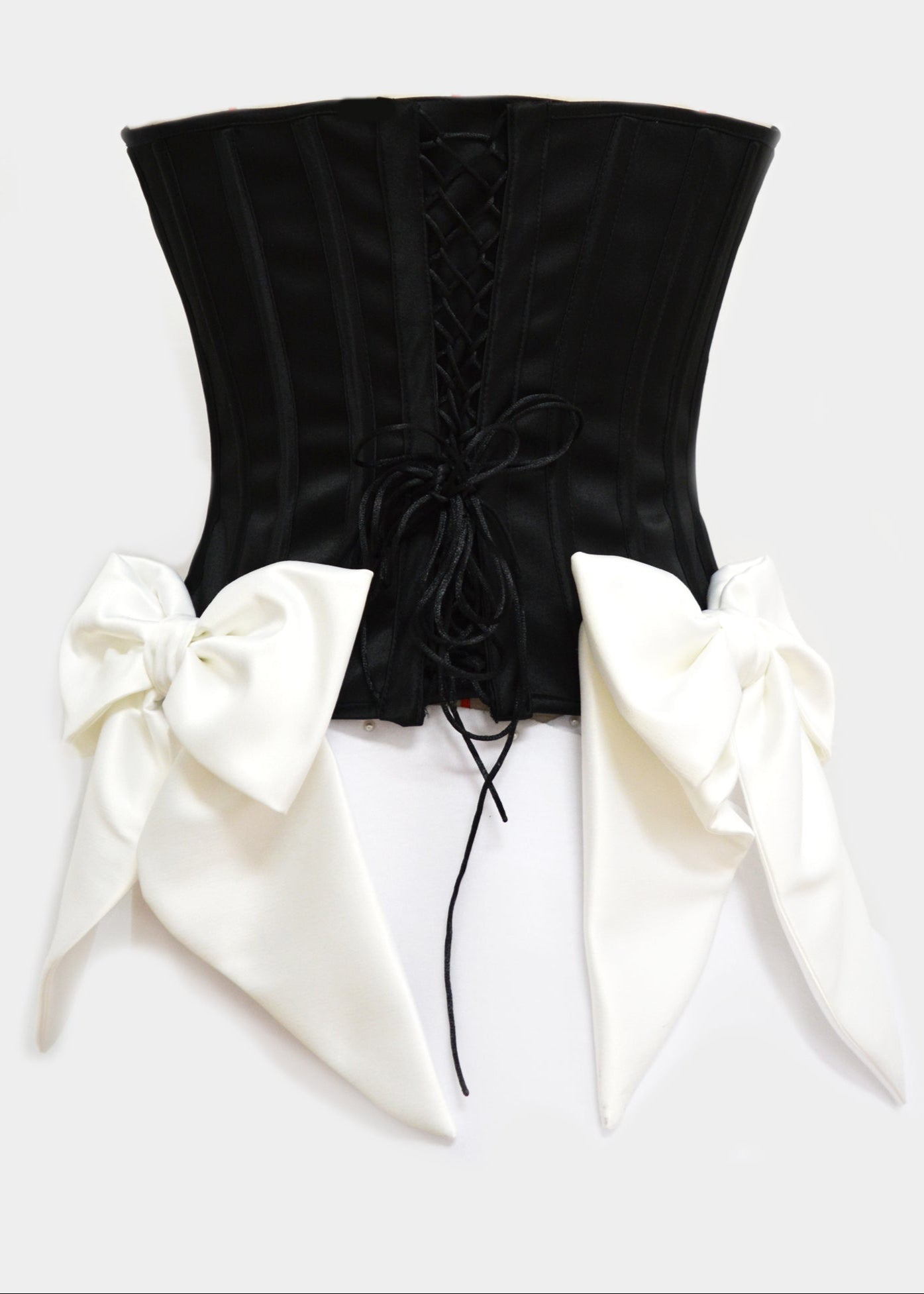 BLACK SATINATED CORSET TOP WITH WHITE BOWS